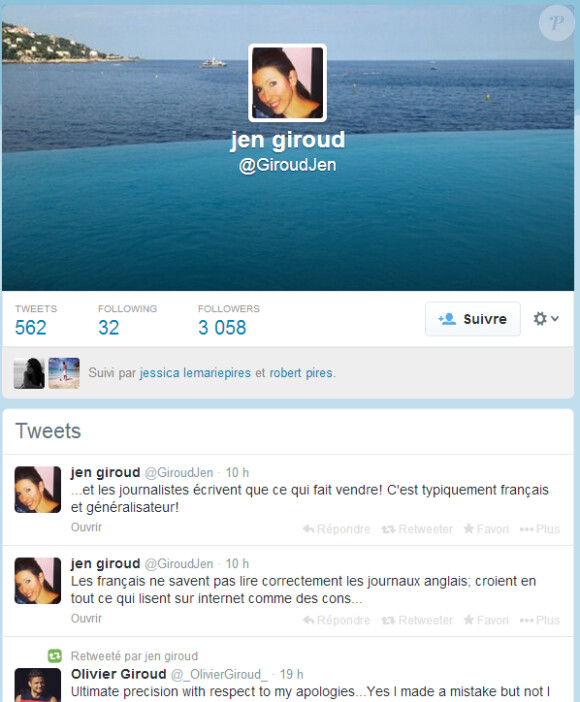 Capture d'écran du compte Twitter de Jennifer Giroud