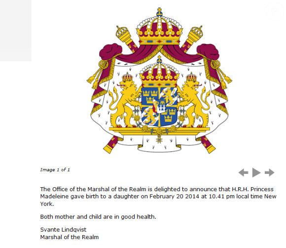La famille royale de Suède a annoncé la naissance de la petite fille de Madeleine de Suèce qui a vu le jour le 20 février 2014.