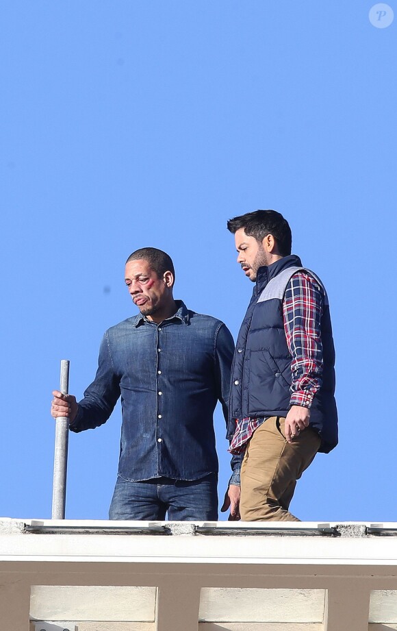 Exclusif - JoeyStarr en tournage avec Manu Payet de 36 Heures à tuer de Tristan Aurouet, le 11 février 2014 à Cannes.