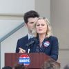 Amy Poehler gets into character as newly-elected City Councilwoman, Leslie Knope, on the set of "Parks and Recreation" in Pasadena. Adam Scott, who plays Amy's onscreen husband, was also there supporting her from a close distance. In between takes, Amy and Adam snacked on some sandwiches. The hit show will premiere its new season on September 26 on NBC. Los Angeles, CA, USA, September 11, 2013. Photo by GSI/ABACAPRESS.COM12/09/2013 - Los Angeles