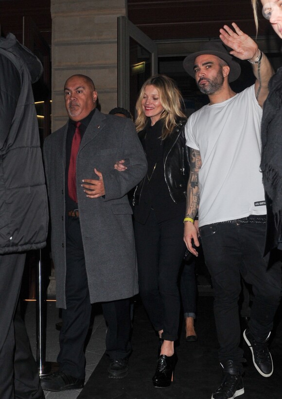 Kate Moss à la sortie du 11e anniversaire de Eleven Paris à la Gaité Lyrique à Paris, le 4 mars 2014.