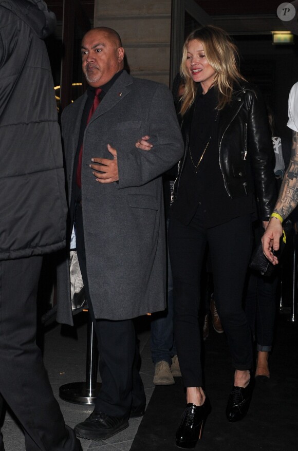 Kate Moss à la sortie du 11e anniversaire de Eleven Paris à la Gaité Lyrique à Paris, le 4 mars 2014.