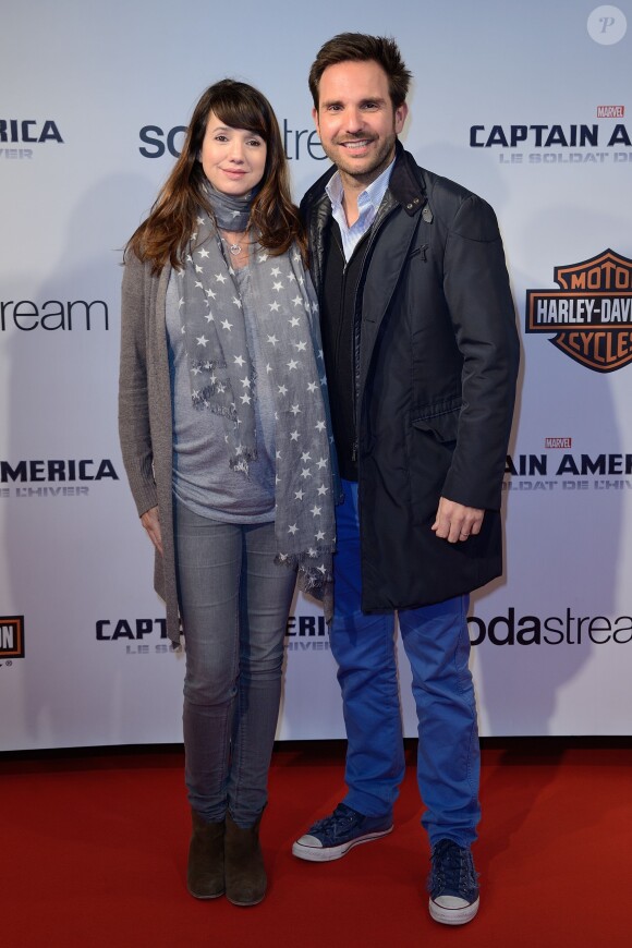 Christophe Michalak et son épouse Delphine McCarty lors de l'avant-première de Captain America : Le Soldat d'Hiver, au Grand Rex à Paris le 17 mars 2014