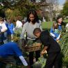Michelle Obama dans le jardin potager de la Maison Blanche le 30 octobre 2013, pour lequel le chef pâtissier Bill Yosses l'a aidée.