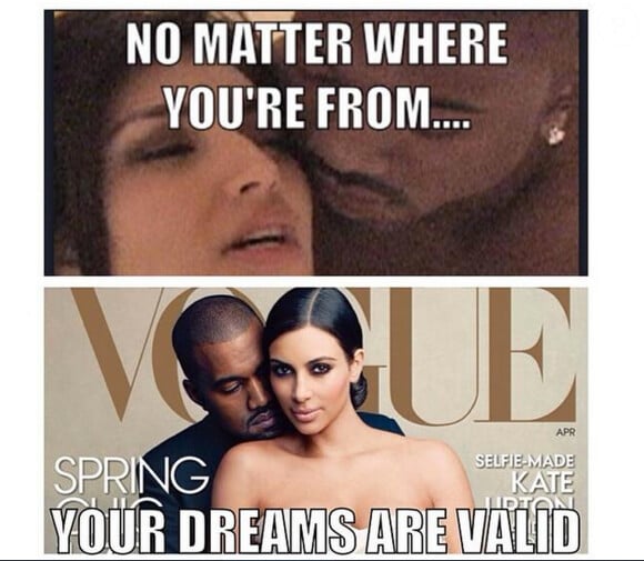 Kim Kardashian, objet d'un "meme" apparu sur Internet ce week-end. Au-dessus, une capture de sa sextape avec le chanteur Ray J. En dessous, sa couverture du magazine Vogue avec Kanye West. En légende, un extrait du discours de Lupita Nyong'o lors de son triomphe aux Oscars.