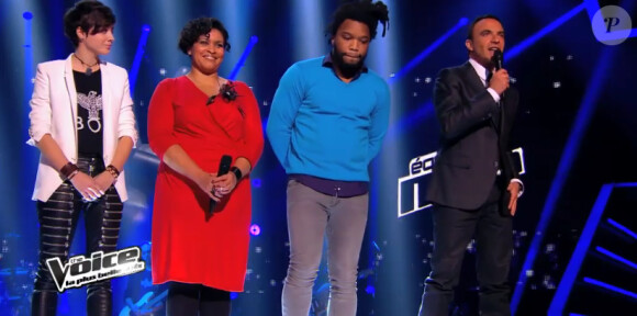 Spleen et Élodie sont sauvés par leur coach Mika lors de l'épreuve ultime de The Voice 3, le samedi 29 mars 2014 sur TF1