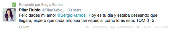 Sergio Ramos, défenseur star du Real Madrid, fêtait le 30 mars 2014 ses 28 ans. Sa chérie Pilar Rubio lui a adressé un message plein d'amour sur Twitter.