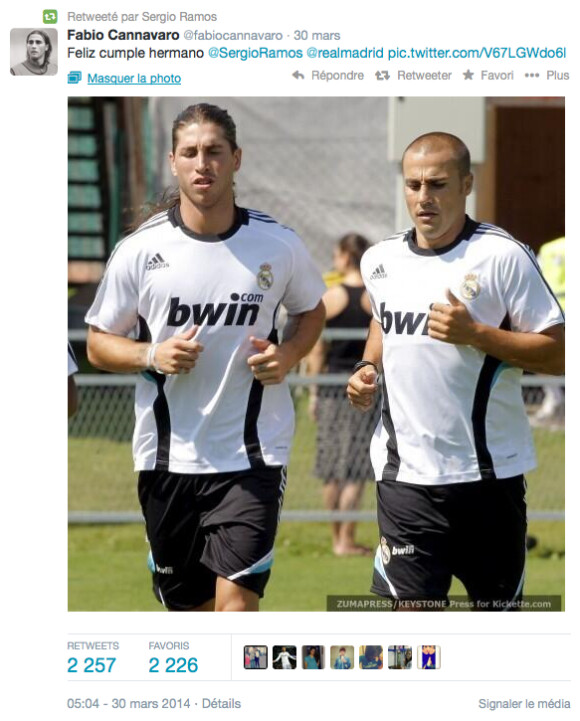 Sergio Ramos, défenseur star du Real Madrid, fêtait le 30 mars 2014 ses 28 ans. Son coéquipier Fabio Cannavaro lui a souhaité son anniversaire sur Twitter.