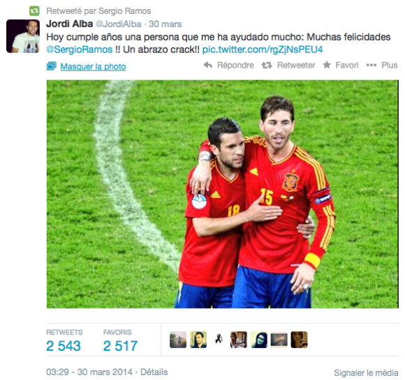 Sergio Ramos, défenseur star du Real Madrid, fêtait le 30 mars 2014 ses 28 ans. Son coéquipier en équipe nationale Jordi Alba lui a envoyé un sympathique message.