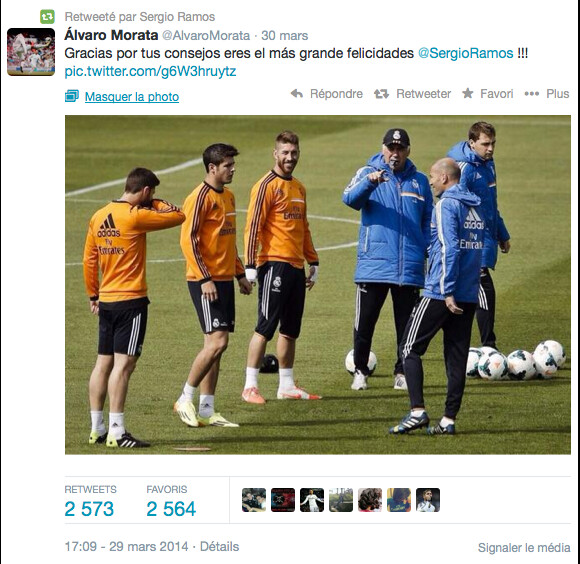 Sergio Ramos, défenseur star du Real Madrid, fêtait le 30 mars 2014 ses 28 ans. Le jeune attaquant madrilène Alvaro Morata lui a souhaité son anniversaire sur Twitter.