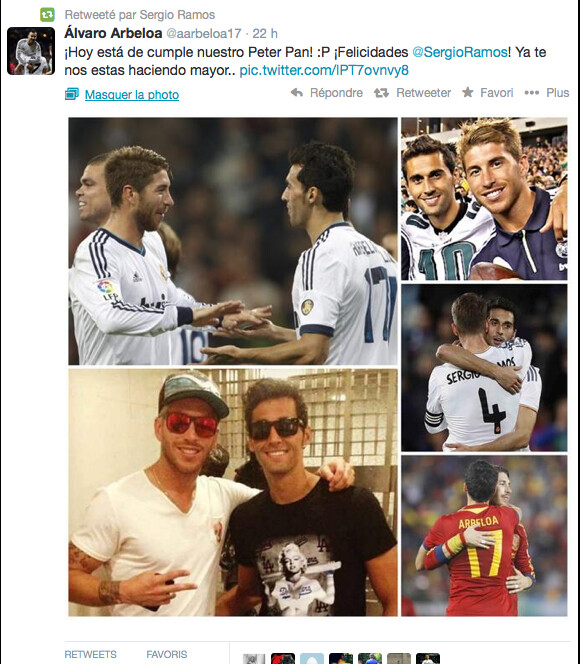 Sergio Ramos, défenseur star du Real Madrid, fêtait le 30 mars 2014 ses 28 ans. Son coéquipier Alvaro Arbeloa lui a souhaité son anniversaire sur Twitter avec un montage photo.