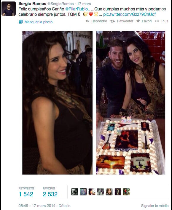 Pilar Rubio, compagne du footballeur du Real Madrid Sergio Ramos et enceinte de leur premier enfant, fêtait le 17 mars 2014 ses 36 ans. Le défenseur madrilène le lui a amoureusement souhaité sur Twitter, en postant une photo d'eux devant le gâteau.