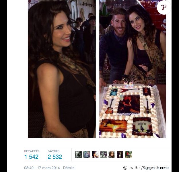 Pilar Rubio, compagne du footballeur du Real Madrid Sergio Ramos et enceinte de leur premier enfant, fêtait le 17 mars 2014 ses 36 ans. Le défenseur madrilène le lui a amoureusement souhaité sur Twitter, en postant une photo d'eux devant le gâteau.