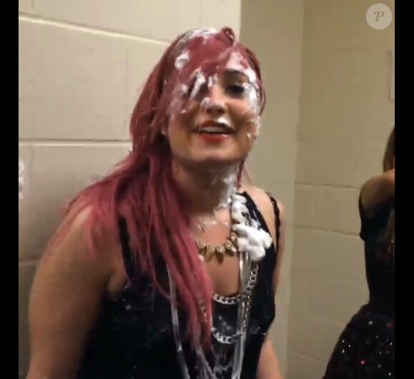 La chanteuse Demi Lovato reçoit une tarte à la crème en plein visage, lors du dernier concert de sa tournée nord-américaine.