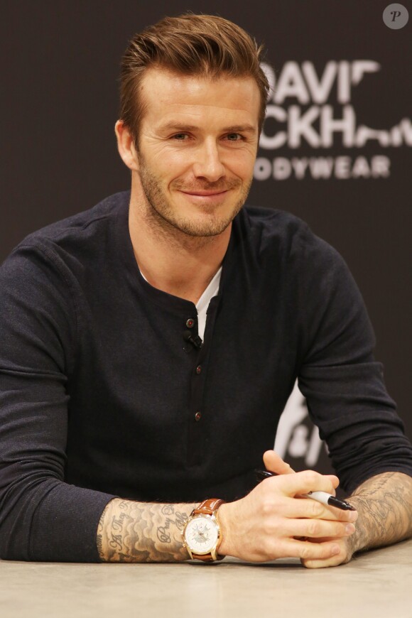 David Beckham présente sa collection bodywear pour H&M à Berlin, le 19 mars 2014