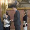 Felipe et Letizia d'Espagne se joignaient au roi Juan Carlos Ier et à la reine Sofia le 22 avril 2014 au palais royal pour un déjeuner en l'honneur d'Elena Poniatowska, lauréate du prix Cervantes 2013.