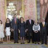 Felipe et Letizia d'Espagne, le roi Juan Carlos Ier et la reine Sofia étaient le 22 avril 2014 au palais royal pour un déjeuner en l'honneur d'Elena Poniatowska, lauréate du prix Cervantes 2013.