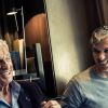 Exclusif - Le 20 mars 2014, Jean-Paul Belmondo et son fils Paul ont déjeuné au café de l'Alma pour fêter la concrétisation du documentaire qui va être tourné pour TF1 sur Jean-Paul Belmondo.
