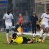 Mario Lemina lors du match de Ligue des Champions entre l'Olympique de Marseille et le Borussia Dortmund au Stade Vélodrome de Marseille, le 11 décembre 2013