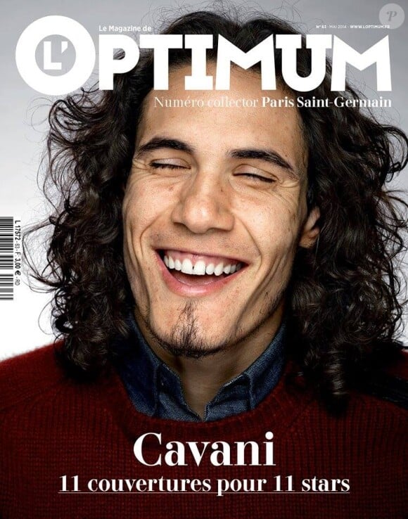 Edinson Cavani en couverture de L'Optimum dans son édition du mois de mai 2014 spécial PSG avec onze unes différentes
