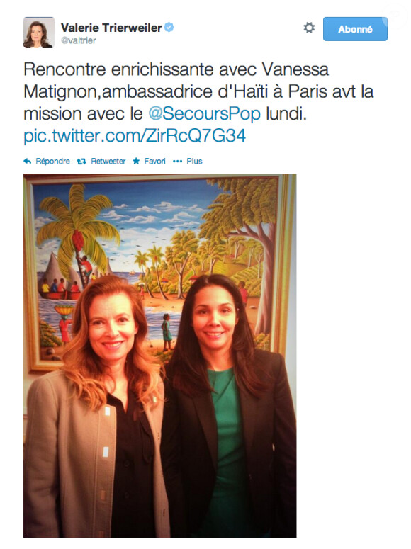 Message posté par Valérie Trierweiler sur Twitter quelques jours avant son départ pour Haïti le 2 mai 2014.