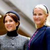 Les princesses héritières Mette-Marit de Norvège et Mary de Danemark, ravies de se retrouver, commémoraient ensemble à Kristiansand (Norvège), le 9 mai 2014, les 150 ans de la bataille d'Héligoland, dernière bataille navale de la marine danoise.