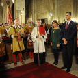 Le prince Felipe et la princesse Letizia d'Espagne remettaient le prix Prince de Viana de la Culture à l'historien Tarsicio de Azcona au monastère San Salvador de Leyre, le 4 juin 2014. La première sortie du prince et de la princesse des Asturies après l'annonce, deux jours plus tôt, de l'abdication du roi Juan Carlos Ier.