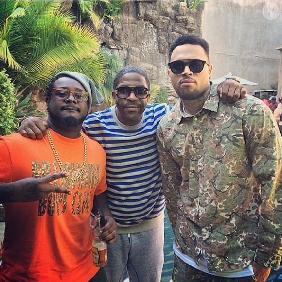 T-Pain, Fuzzy Fantabulous et Chris Brown lors de la fête de bienvenue réservée à Chris Brown, organisée par sa petite amie Karrueche Tran. Los Angeles, le 5 juin 2014.