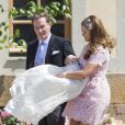 La princesse Madeleine et Christopher O'Neill en route pour la réception au palais après le baptême de leur fille la princesse Leonore de Suède le 8 juin 2014 en la chapelle du palais Drottningholm à Stockholm.
