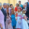 La reine Maxima des Pays-Bas, la princesse Alexia et la princesse Ariane lors du mariage de Juan Zorreguieta et Andrea Wolf, le 7 juin 2014 à l'église Servite de Vienne, en Autriche.
