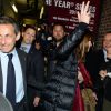 Nicolas Sarkozy et Carla Bruni sortant du Town Hall après le concert de madame à New York, le 24 avril 2014.