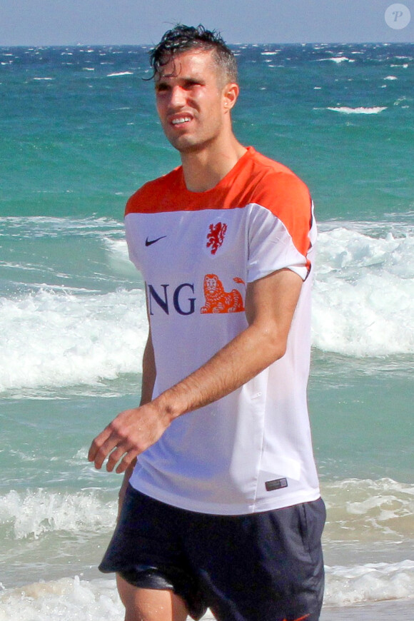 L'attaquant Robin van Persie et ses coéquipiers sur une plage de Rio de Janeiro le 9 juin 2014. 