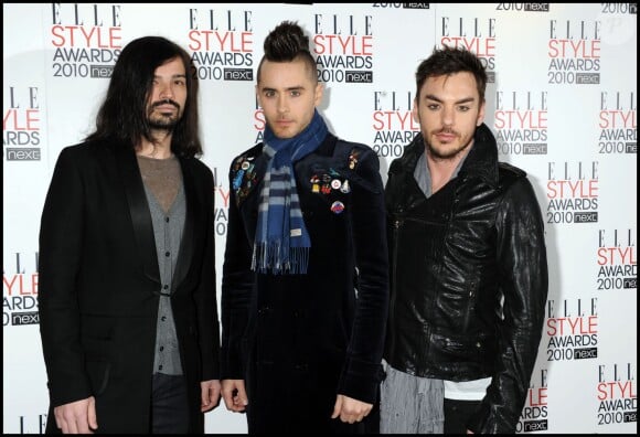 Tomo Milicevic, Shannon Leto et Jared Leto du groupe Thirty Seconds To Mars aux ELLE Style Awards à Londres le 22 février 2010.