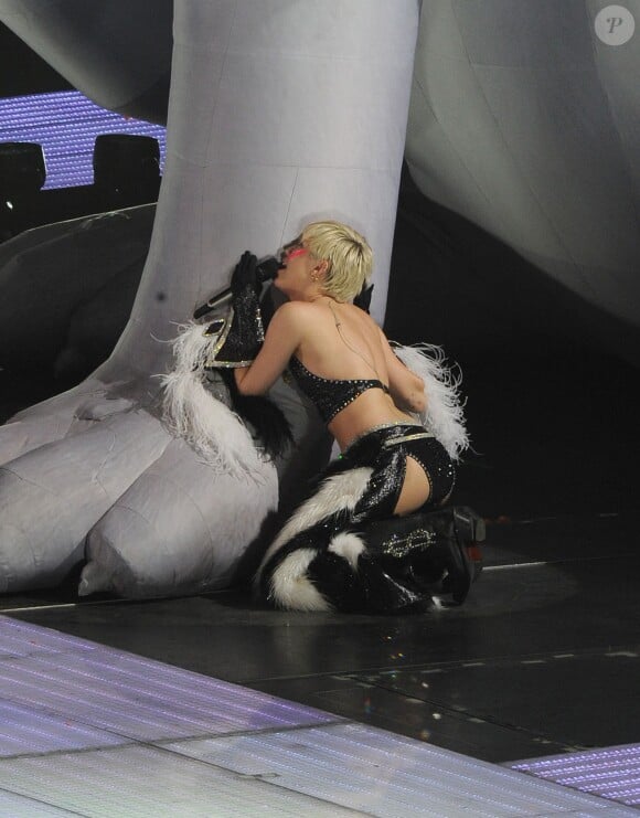 Durant son "Bangerz Tour", Miley Cyrus rendait hommage à son chien Floyd en chantant au pied d'un énorme ballon à son effigie. Ici à Amsterdam, le 22 juin 2014, derniène date de sa tournée.