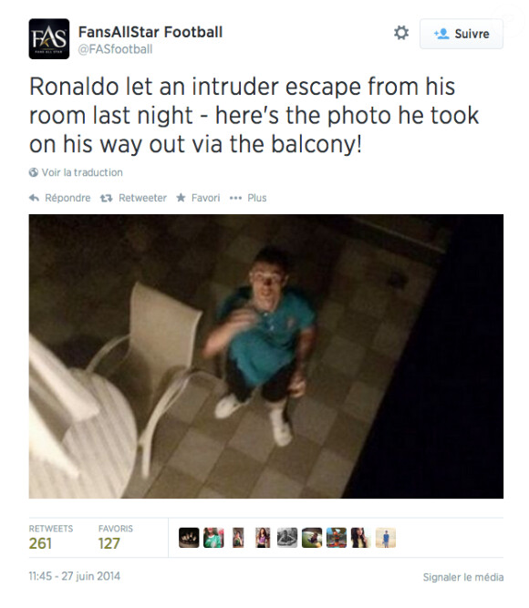 Photo prise par l'intrus dans la chambre d'hôtel de Cristiano Ronaldo au Brésil - juin 2014