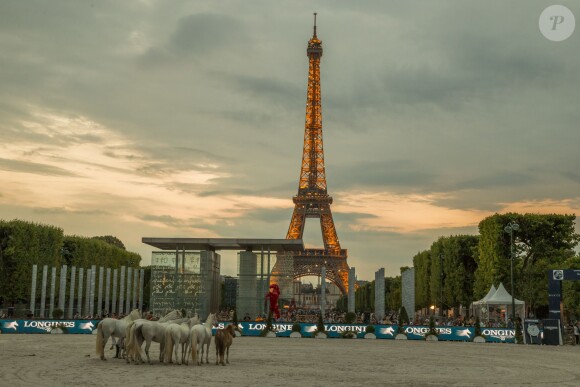 La tour Eiffel - Paris Eiffel Jumping, présenté par Gucci, au Champ de Mars à Paris. Le 4 juillet 2014