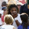 Serena Williams, victime d'un malaise lors du double avec sa soeur Venus à Wimbledon, le 1er juillet 2014 au All England Lawn Tennis and Croquet Club de Londres