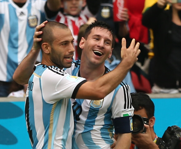 Lionel Messi et Javier Mascherano lors du match entre le Nigeria et l'Argentine, le 25 juin 2014 à Porto Alegre