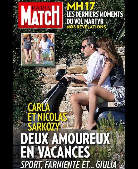 Carla et Nicolas Sarkozy, deux amoureux en vacances. Découvrez la couverture du numéro 3401 de Paris Match, en kiosques le 24 juillet 2014. 