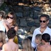 Exclusif : Nicolas Sarkozy, sa femme Carla Bruni-Sarkozy et leur fille Giulia sont sur la plage de Cavalière au pied de leur résidence du Cap Nègre, le 14 juillet 2014, pendant leurs vacances.