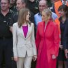 La reine Letizia d'Espagne lors de la réception, le 30 juillet 2014 au palais du Pardo, à Madrid, d'une délégation de représentants des services de sécurité ayant oeuvré lors des cérémonies d'intronisation le 19 juin 2014 et lors des jours précédents.