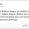 Le faire-part de naissance de Malèna Alagna sur le Facebook de sa maman. Roberto Alagna et sa compagne Aleksandra Kurzak sont depuis le 29 janvier 2014 les parents d'une petite Malèna. La fillette les a déjà accompagnés aux Chorégies d'Orange et au palais princier de Monaco.