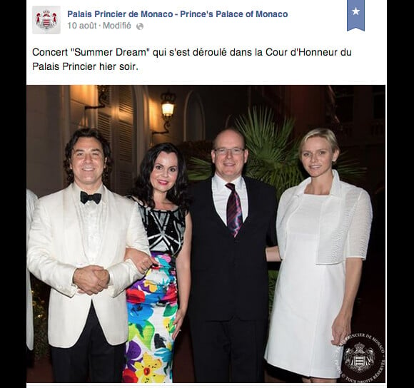 Roberto Alagna et sa compagne Aleksandra Kurzak, parents depuis le 29 janvier 2014, d'une petite Malèna, avec le prince Albert II de Monaco et la princesse Charlene, enceinte de son premier enfant, le 9 août 2014 au palais princier en principauté pour le concert Summer Dream.