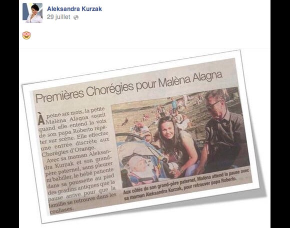 Coupure de presse des ''premières Chorégies d'Orange de Malèna Alagna", publiée par sa maman sur Facebook. Roberto Alagna et sa compagne Aleksandra Kurzak sont depuis le 29 janvier 2014 les parents d'une petite Malèna. La fillette les a déjà accompagnés aux Chorégies d'Orange et au palais princier de Monaco.
