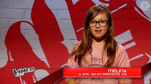 Mélina dans The Voice Kids sur TF1. Episode 1 diffusé le samedi 23 août 2014 sur TF1.