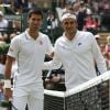Novak Djokovic et Roger Federer avant la finale de Wimbledon au All England Lawn Tennis and Croquet Club de Wimbledon, le 6 juillet 2014