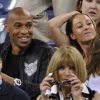 Thierry Henry et sa compagne Andrea Rajacic entourés de Hugh Jackman et Anna Wintour lors du match entre Roger Federer et Gaël Monfils à l'USTA Billie Jean King National Tennis Center de New York, le 4 septembre 2014
