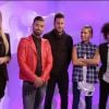 Aurélie, Vincent, Zelko, Eddy et Djamel, anciens candidats de Secret Story, dans le sas. Dans l'hebdo de Secret Story 8, le vendredi 12 septembre 2014.