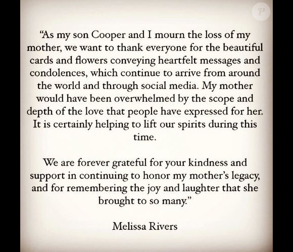 Melissa Rivers a posté un message pour les fans de sa mère Joan Rivers, le 17 septembre 2014