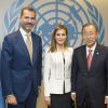 Le roi Felipe VI d'Espagne, la reine Letizia d'Espagne, Ban Ki-moon lors de la conférence sur le changement climatique à l'ONU, à New York le 23 septembre 2014.